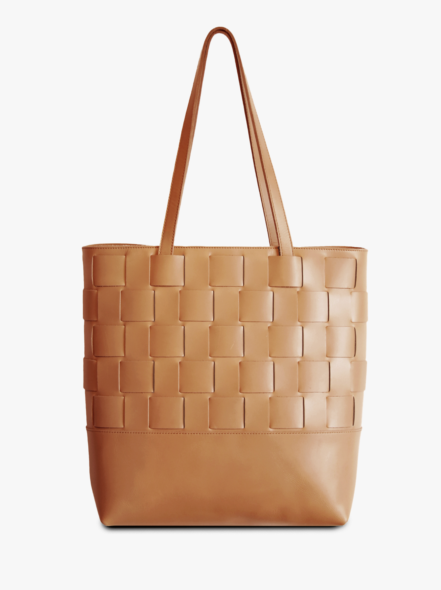Tan woven leather tote on white background #Color_Mojave